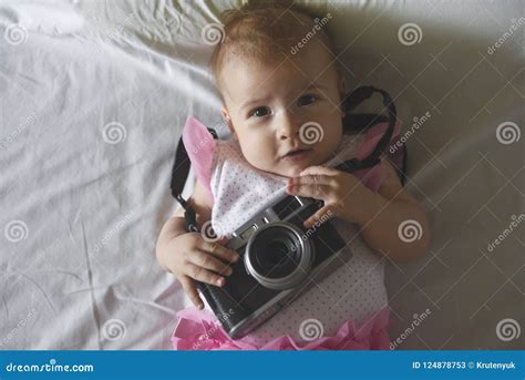 Baby Girl With Photo Camera Stock Image Image Of Beautiful Holding