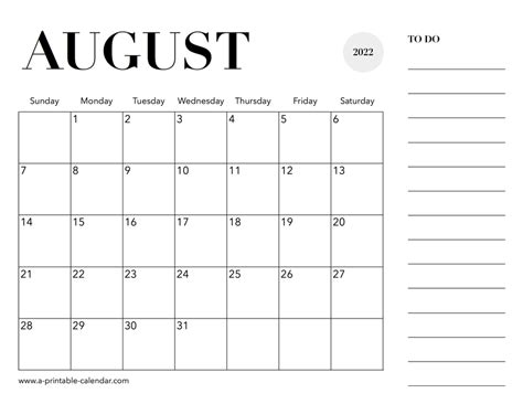 2022 Calendar August A Printable Calendar