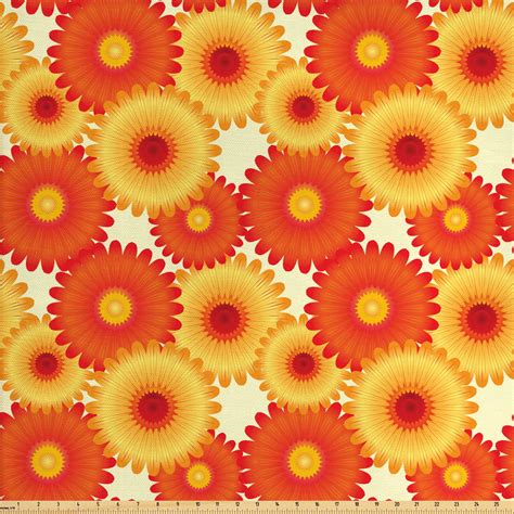 Orange Fabric By The Yard Gerbera Flowers Petals In Graphic Style