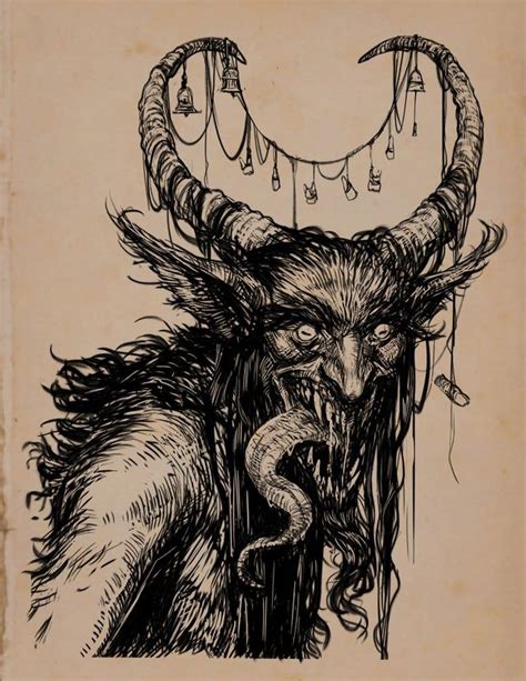 An Ink Drawing Of A Horned Creature With Horns And Long Hair Holding