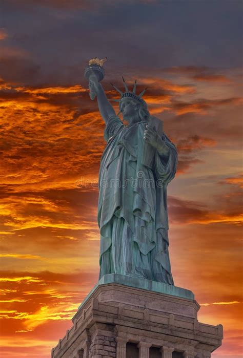 Aerial View Statue Of Liberty The At Sunset In New York City Usa