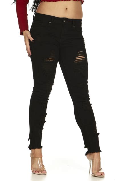 Cute Teen Girl Plus Size Cute Mid Rise Waisted Ripped Distressed Torn Skinny Juniors Black