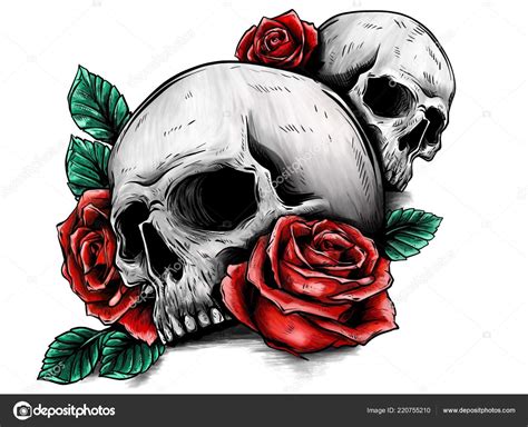 Skull Flowers Roses Drawing Hand Stock Photo By ©deanzangir