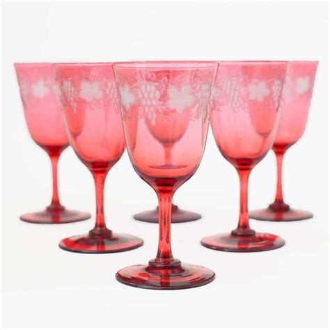 6 Victorian Vine Engraved Ruby Wine Glasses
