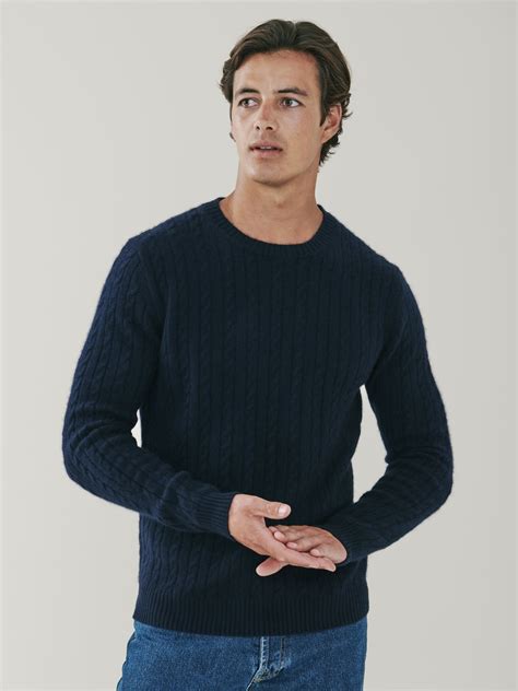 Afton Mens Cable Knit Cashmere Crew Neck Sweater In Navy