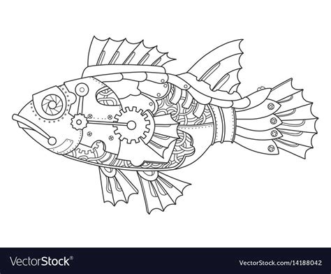 Steampunk Style Fish Mechanical Animal Coloring Book Vector