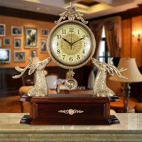 Vintage Double Deer Brass Desk Clock Retro Luxury Pendulum