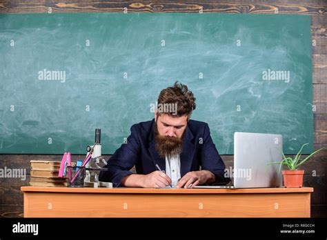 Writing Report Teacher Formal Jacket Sit Table Classroom Chalkboard