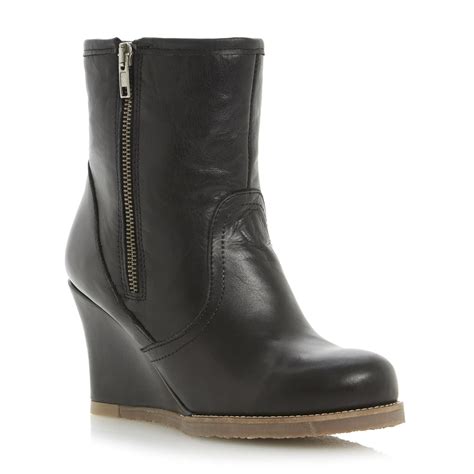 Dune Ladies Panup Shearling Lined Leather Wedge Boot Black Dune