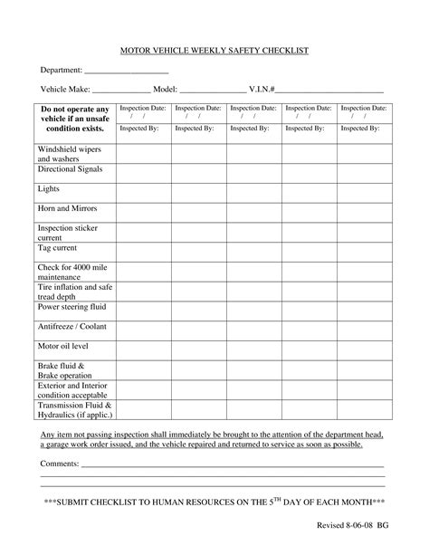 The preparation of the checklist makes the process convenient. Motor Vehicle Weekly Safety Checklist | Templates at ...