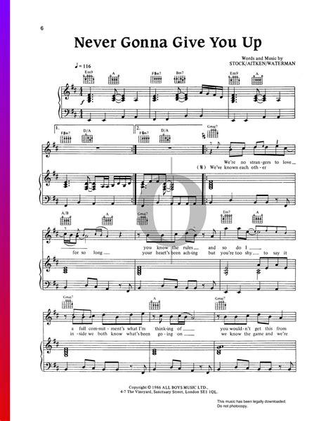 Rick Astley Never Gonna Give You Up Sheet Music Notes Chords Download