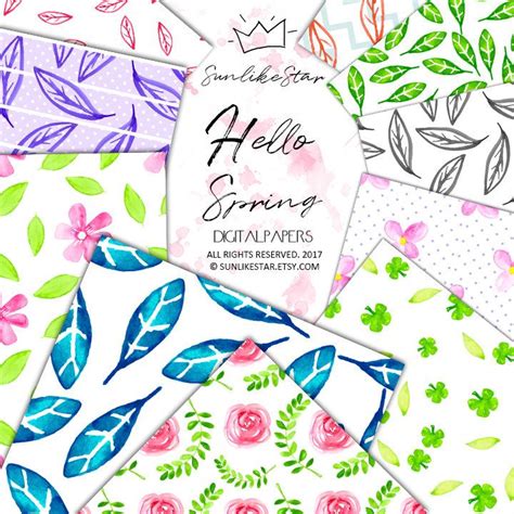 Hello Spring Watercolor Patterns Seamless Floral Digital Paper Pack
