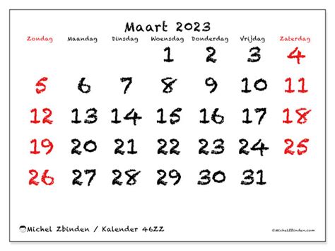 Kalender Maart 2023 Om Af Te Drukken “46zz” Michel Zbinden Sr