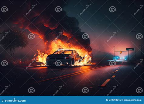 Burning Car On The Highway Ai Generated Stock Illustration Illustration Of Rescue Road