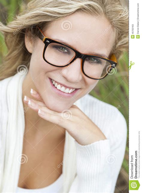 Blond Woman Girl Wearing Geek Glasses Stock Image Image