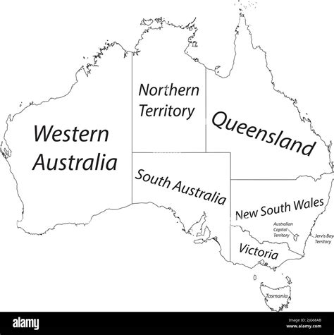white vector administrative map of australia with black border lines and name tags of its states