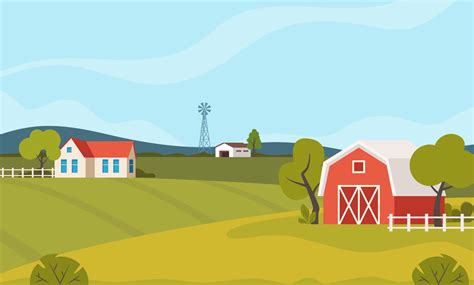 Farm Scene With Red Barn And Windmill Trees Fence Haystack Rural