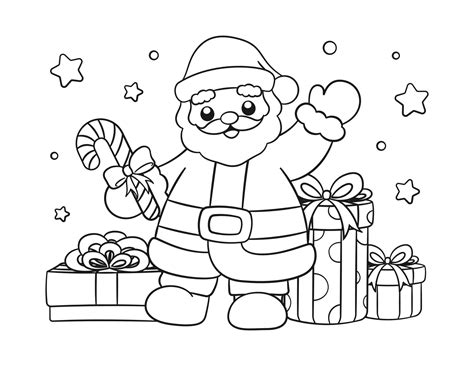 Santa Claus With Ts And Candy Cane Outline Line Art Doodle Cartoon