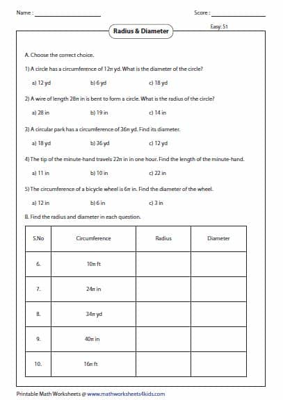 Circumference and Area of Circle Worksheets