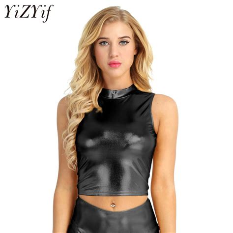 buy yizyif faux leather tank tops bralette crop top women fitness crop top