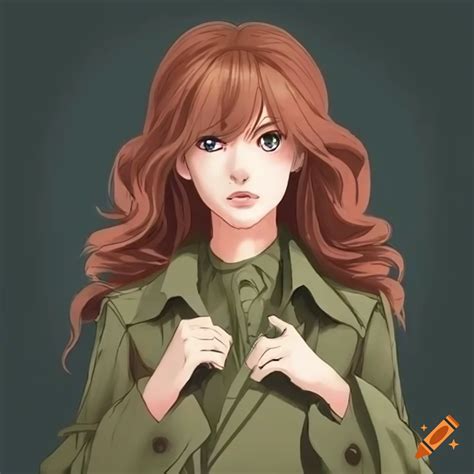 Illustration Of A Young Woman With Long Auburn Hair Wearing A Tattered Trench Coat On Craiyon