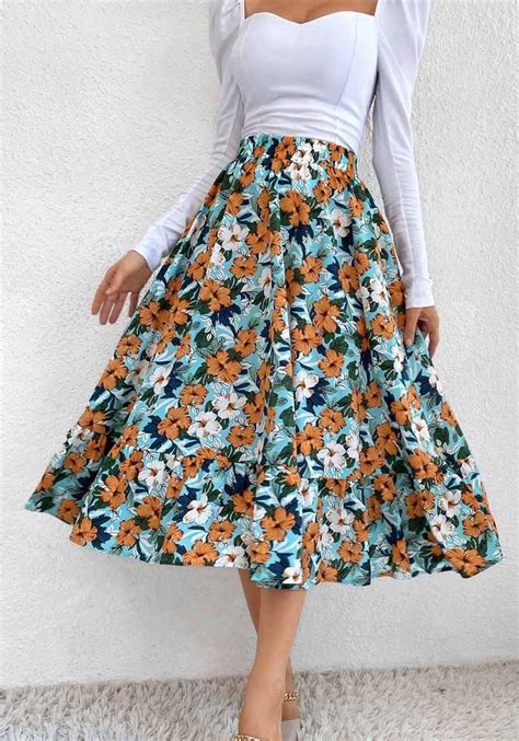summer printed modest high waist elastic waist print midi a line skirts womens summer skirts