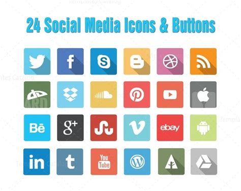 24 Social Media Icons Buttons · Graphic Yard Graphic Templates Store