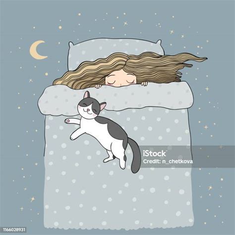 Sleeping Girl And Cat In Bed Good Night Sweet Dreams Vector Illustration Bed Time Isolated