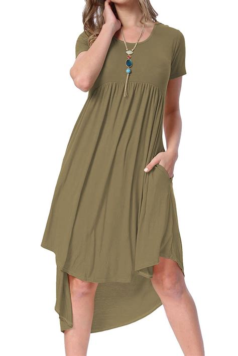 Army Green Short Sleeve High Low Pleated Casual Swing Dress Midi Dress