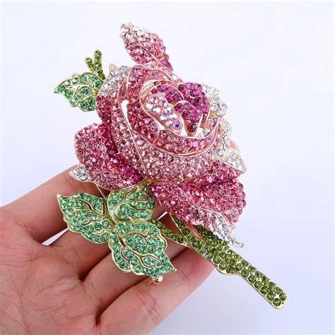 Bella Elegant Gold Tone Purple And Pink Rose Flower Brooch Pins Austrian Crystal Big Brooches