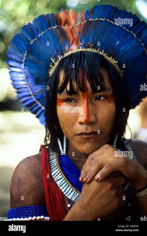 Para State Brazil Takire A Kayapo Indian Warrior With Blue Feather Cocaa Headdress At