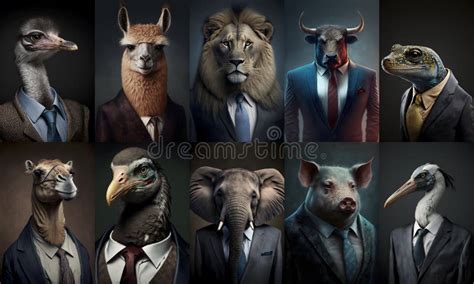Set Of Portraits With Animals In A Business Suits At The Studio Stock