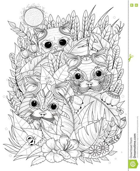 Wild Kitties Adult Coloring Page Stock Vector