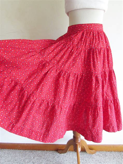 Vintage Tier Skirt 1970s Red Floral Peasant Country Prairie Etsy