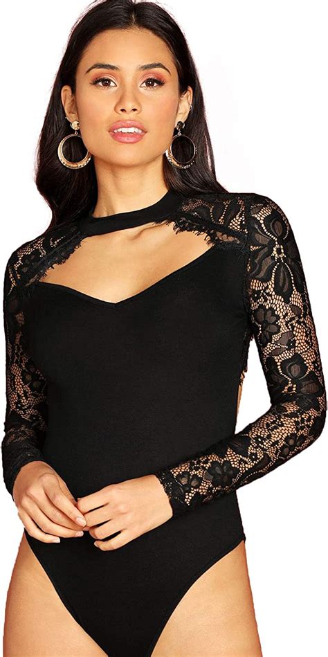 Didk Womens Elegant Long Sleeve Bodysuit With Lace Sleeves Bodysuits Top Blouse Body Womens