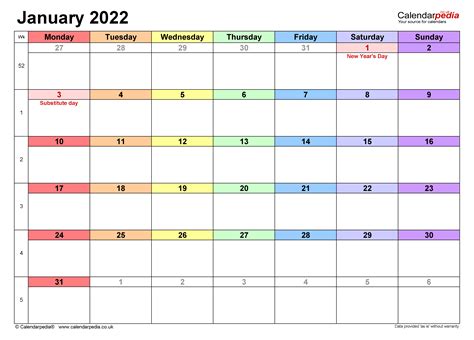 Calendar January 2022 Uk With Excel Word And Pdf Templates