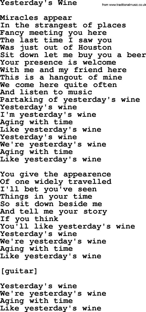 Willie Nelson Song Yesterdays Wine Lyrics