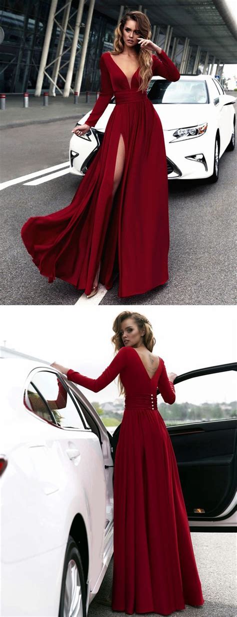 Red Long Sleeve Prom Dress Burgundy Prom Dress Long Split Prom