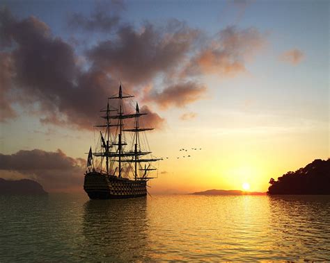 Wallpaper Sailing Ship Birds Sunset Sea Sky Sunrise Calm