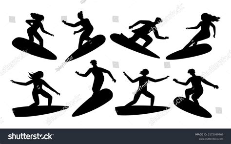 Surfer Silhouettes Surfing Person Wave Surfboard Stock Vector Royalty Free 2172099709