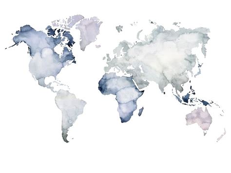 World Map Wallpaper Mural In Watercolour Effect Blue White Grey