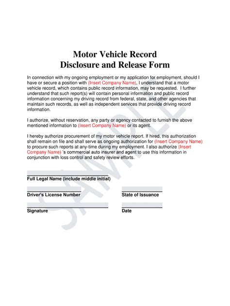 Motor Vehicle Record Disclosure And Release Form Fill Out And Sign