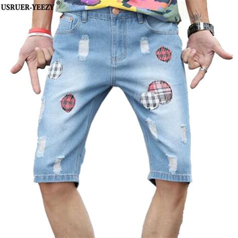 Usruer Yeezy Mens Denim Shorts 2017 New Summer Regular Casual Kne Length Short Patch Masculina