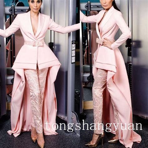 Newest Lace Pink Suits Pants Long Train High Low V Neck Evening