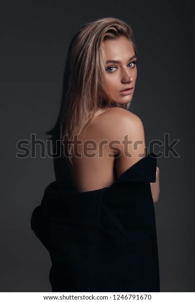 Fashion Model Nude Makeup Dark Background Stock Photo