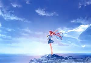 Redhead Long Hair Anime Anime Girls Sky Clouds