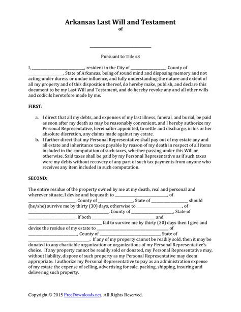 The last will and testament form may be one of the most important legal documents you ever sign. Download Arkansas Last Will and Testament Form | PDF | RTF | Word | FreeDownloads.net