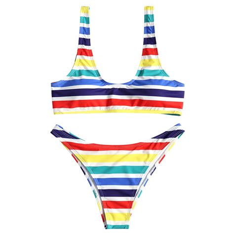 Zaful Colorful Stripe Bikini Set High Leg Bikini Women Swimwear Sexy Thong Swimsuit Padded