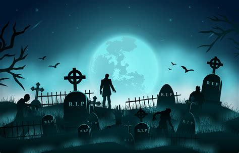 Halloween Background With Zombies Silhouette In The Graveyard