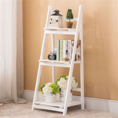 3 Tier Leaning Ladder Wall Shelf Bookcase Storage Bookshelf Wood